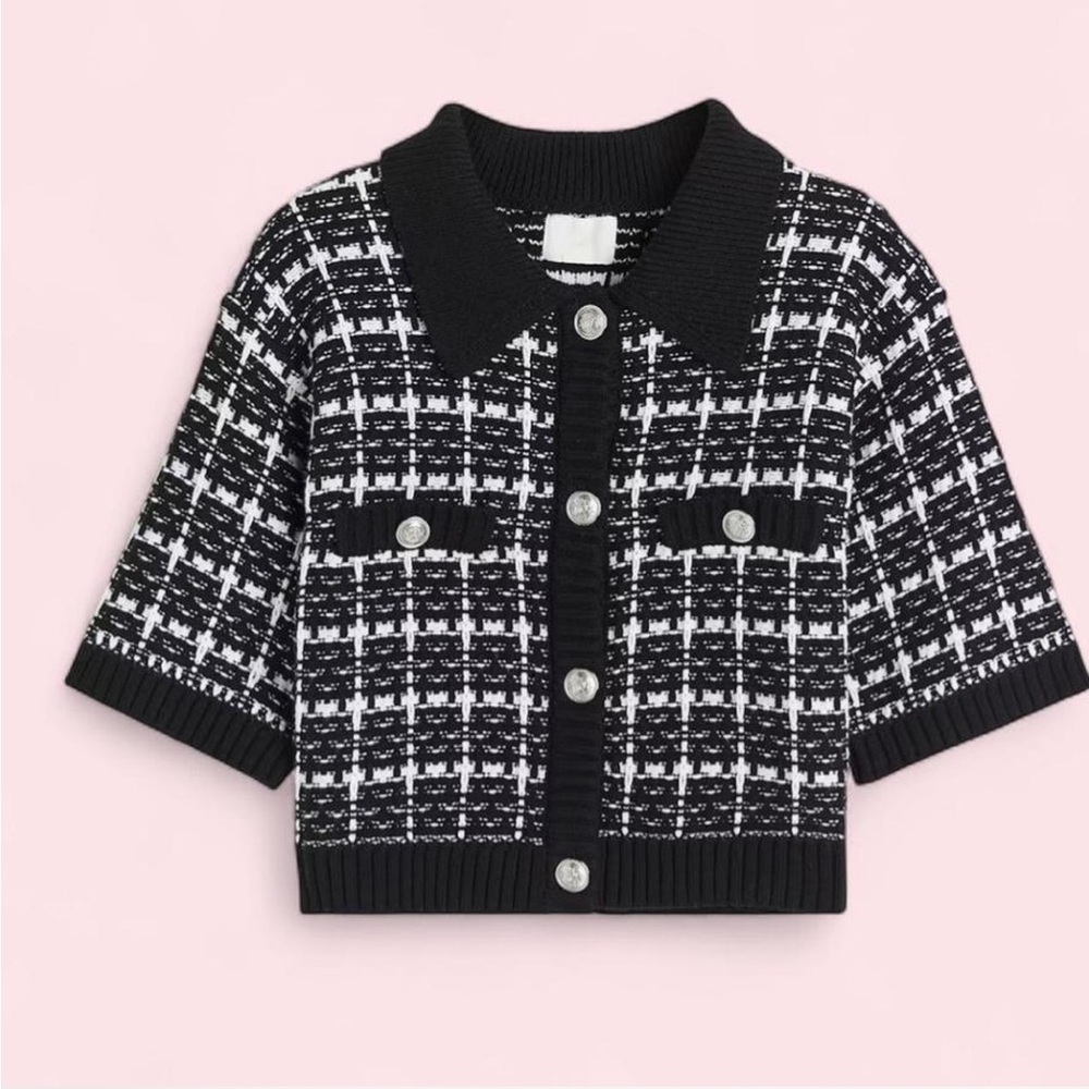 Black and White Checkered Knit Cardigan